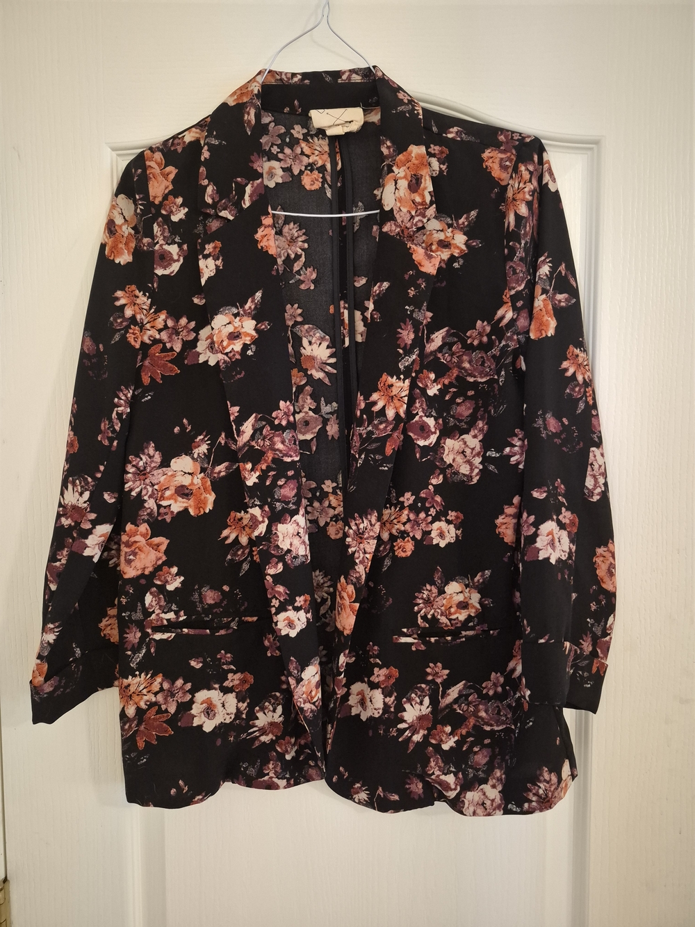 Black Floral Open Front Blazer with Peach & Mauve Flowers